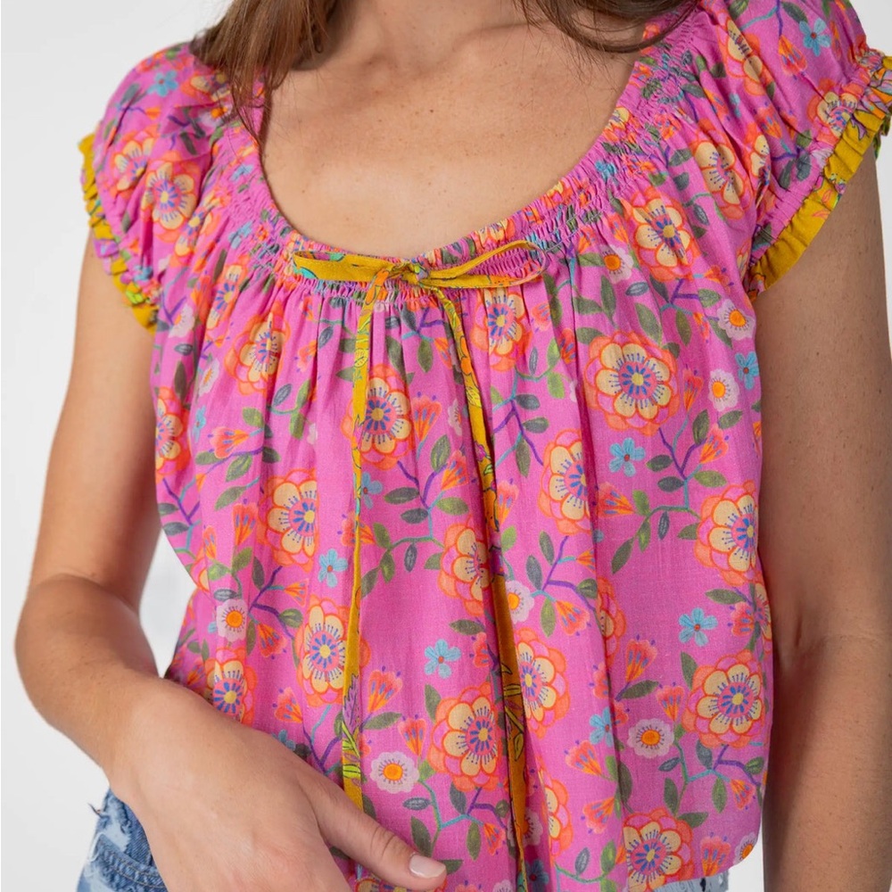 NATURAL LIFE Pink and Yellow Flutter Sleeve Blouse NWT
